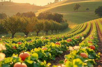 A beautiful landscape filled with lush greenery and vibrant organic crops under a warm sun.