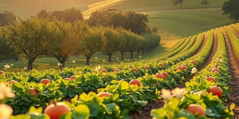 A beautiful landscape filled with lush greenery and vibrant organic crops under a warm sun.