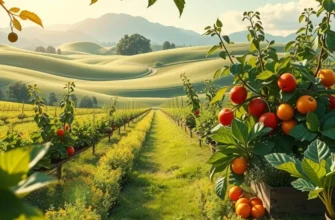 A serene landscape showcasing an organic field with an abundance of vibrant fruits and vegetables.