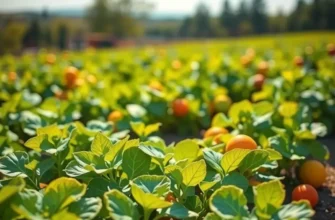 A serene sunset field showcasing vibrant organic vegetables and fruits surrounded by lush green scenery.