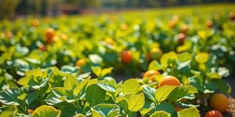 A serene sunset field showcasing vibrant organic vegetables and fruits surrounded by lush green scenery.
