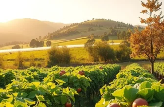 A lush orchard showcasing a variety of organic fruits and vegetables growing abundantly.