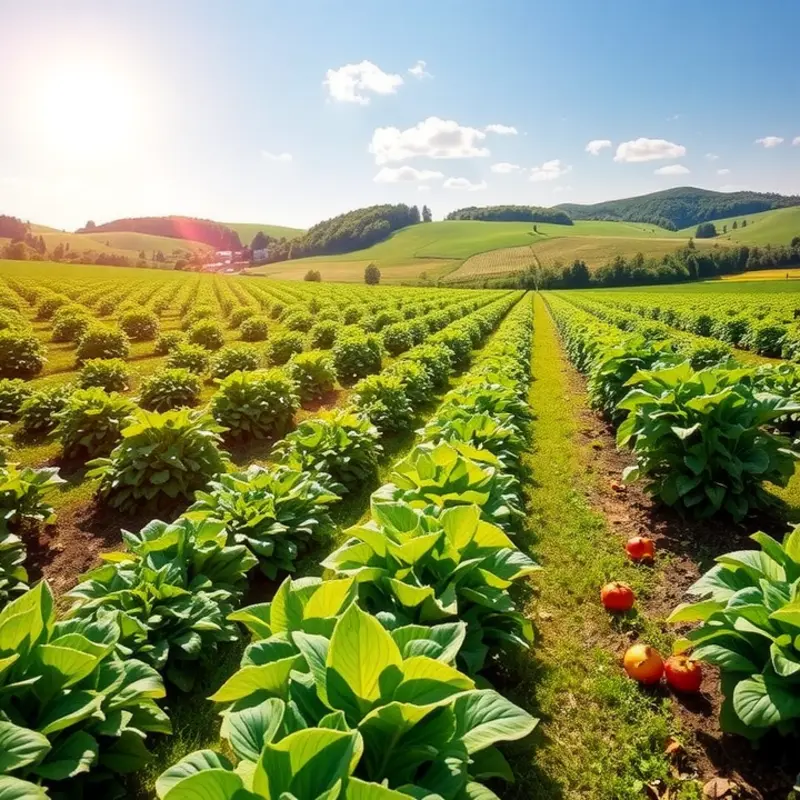 A vibrant sunlit field of organic vegetables and fruits, representing healthy food choices.