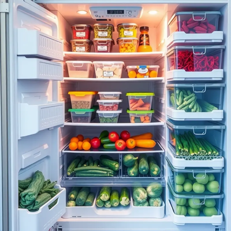 An organized freezer making the most of available space with labeled containers.