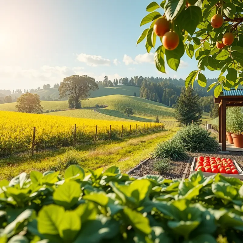 A vibrant field showcasing fresh, organic produce under warm sunlight.
