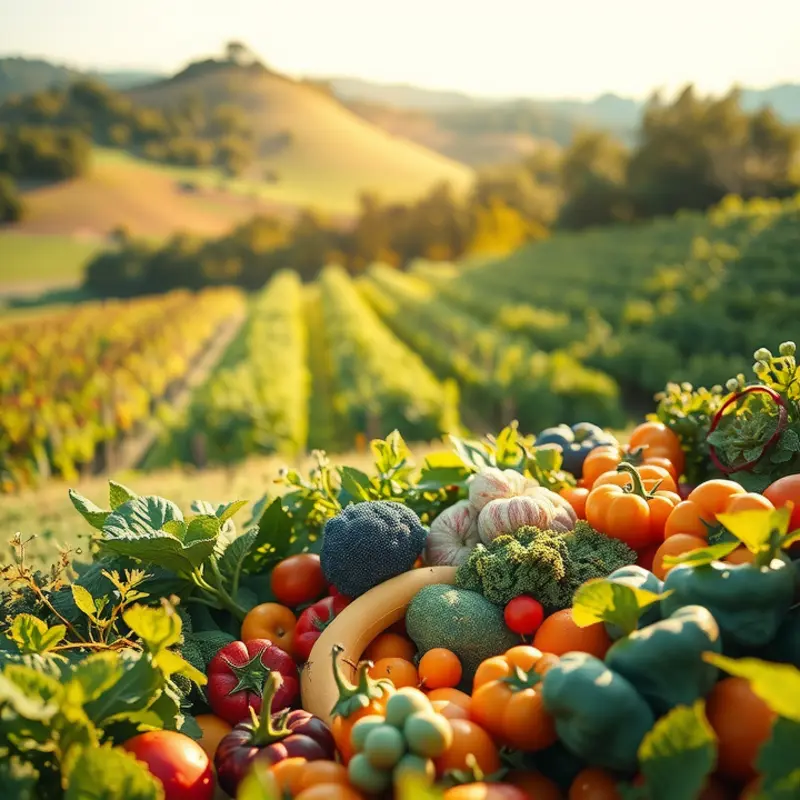 A vibrant orchard teeming with fruits and vegetables, symbolizing the richness of organic food.