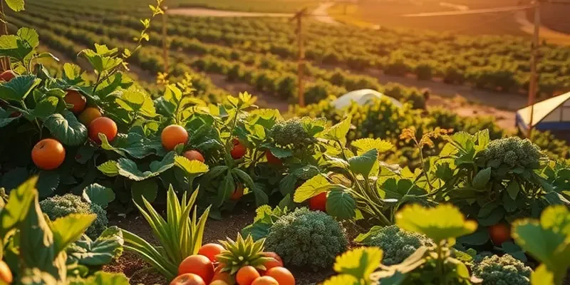 A sunlit orchard filled with healthy, organic fruits and vegetables among lush greenery.