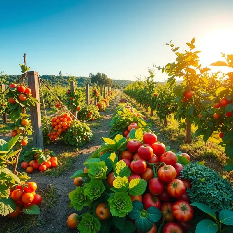 A sunlit field filled with vibrant organic vegetables and fruits.