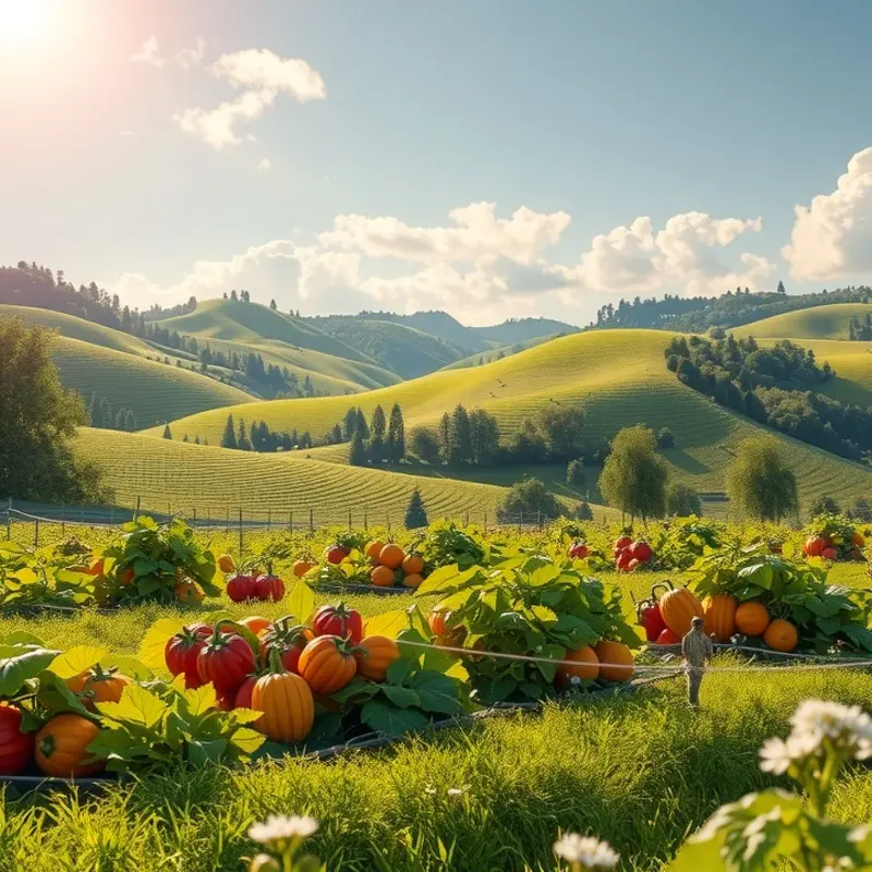 A sunlit field bursting with organic vegetables and fruits, representing the essence of the Mediterranean diet.