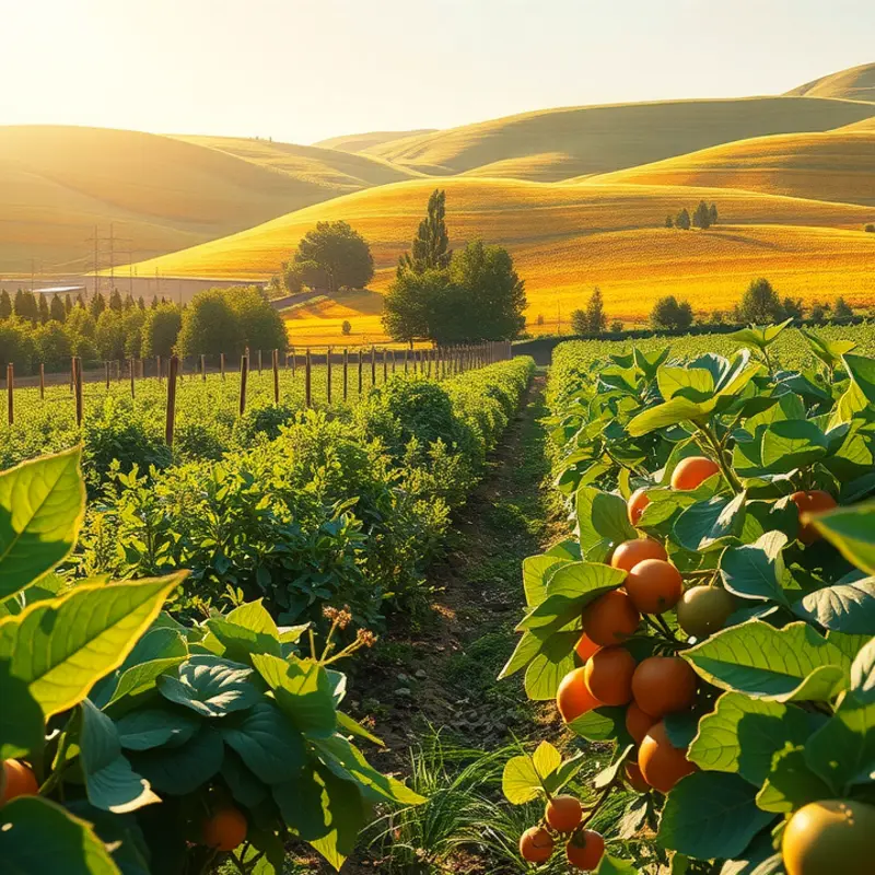 A sunlit field showcases vibrant organic produce, symbolizing fresh plant-based options.