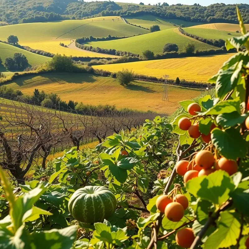 A vibrant sunlit field filled with organic fruits and vegetables.