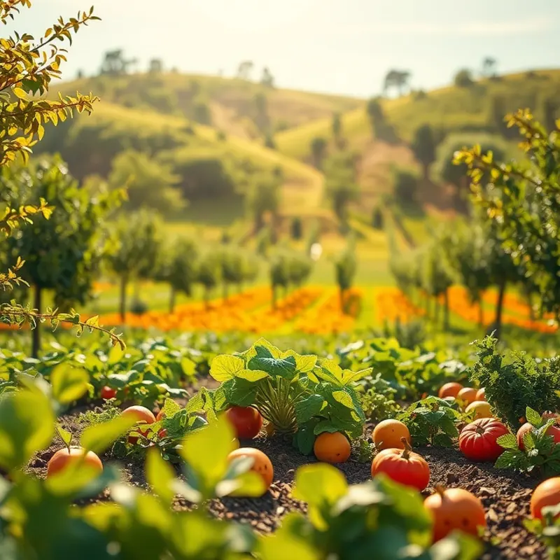 A lush field of vibrant vegetables and fruits representing the core components of a balanced meal.