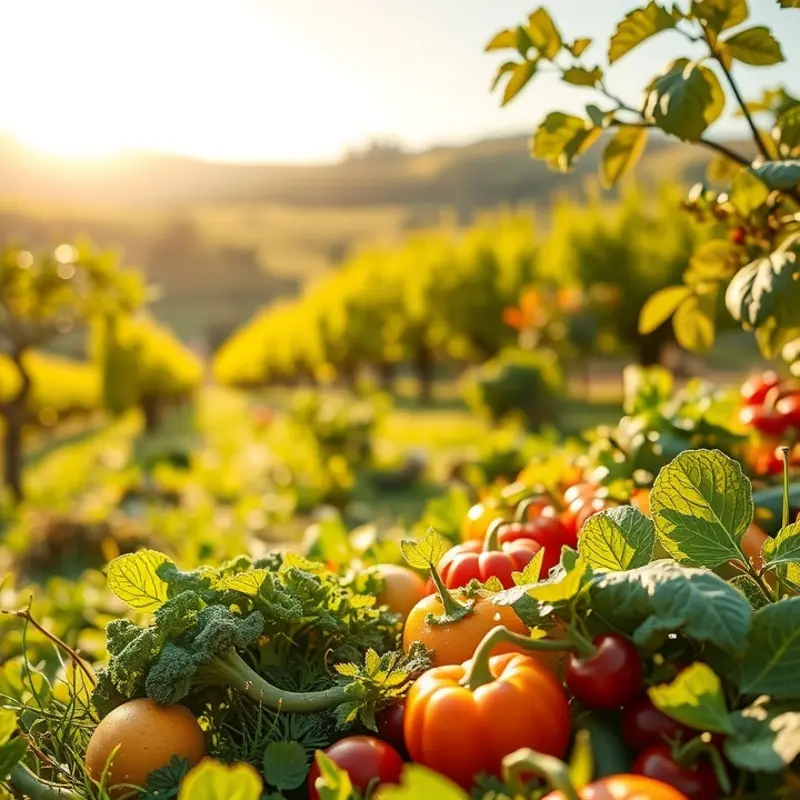 A sunlit landscape showcasing vibrant fruits and vegetables amid lush greenery.