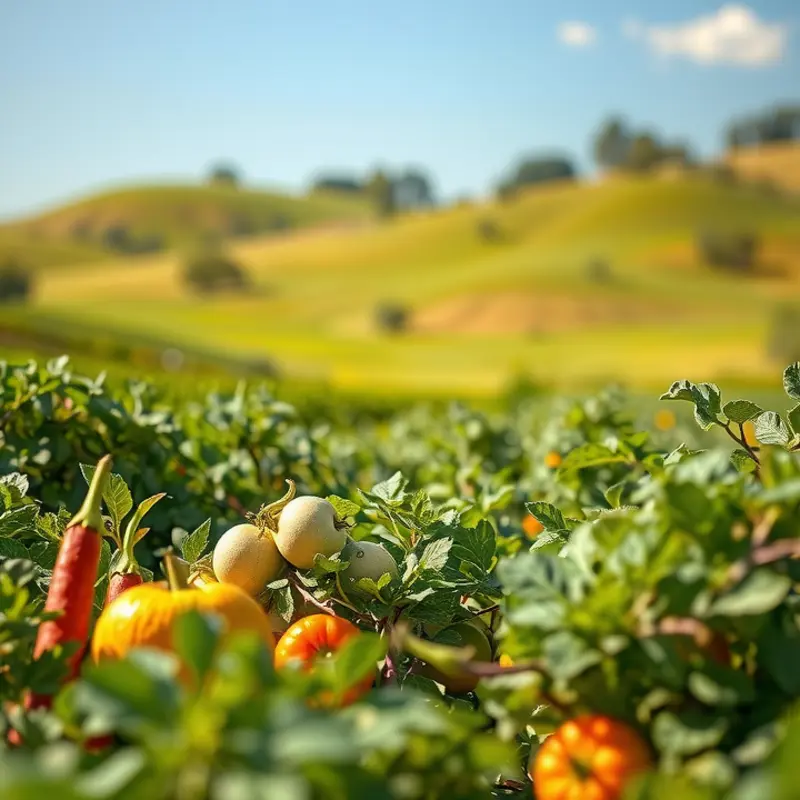 A lush landscape showcasing organic fruits and vegetables under warm sunlight.