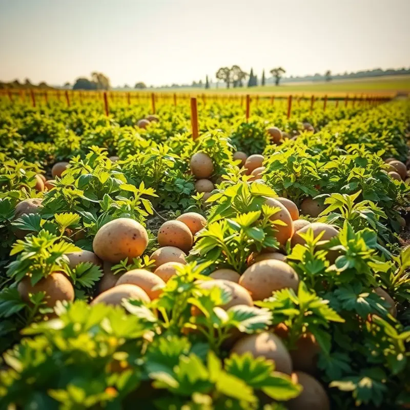 Lush field of organic potatoes ready for harvest.