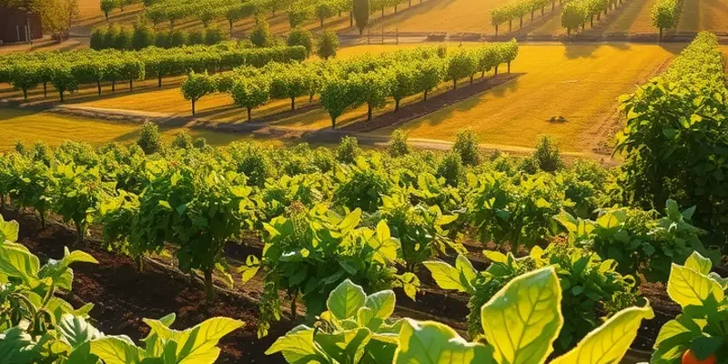 A vibrant organic landscape depicting fruits and vegetables, symbolizing the importance of natural nutrition for digestive health.
