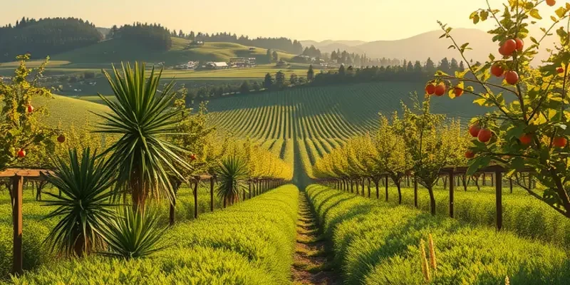 A scenic view of an orchard with bountiful fruits and vegetables under the sun, promoting health.