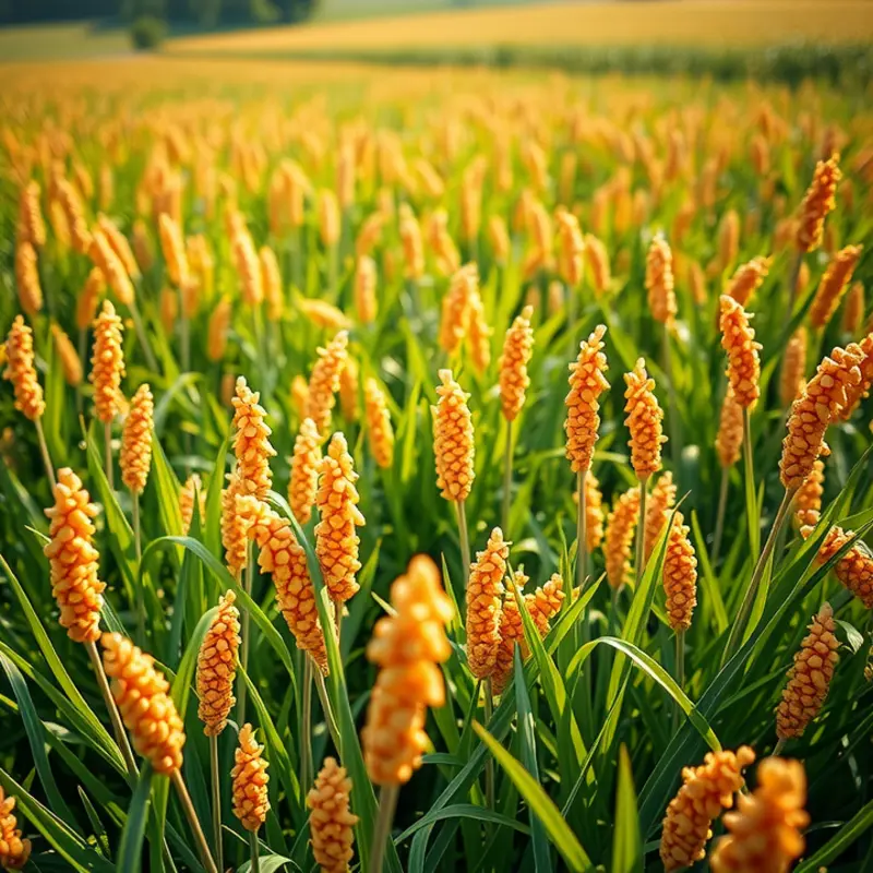 A sunlit field flourishing with quinoa and farro grains, highlighting their natural beauty.