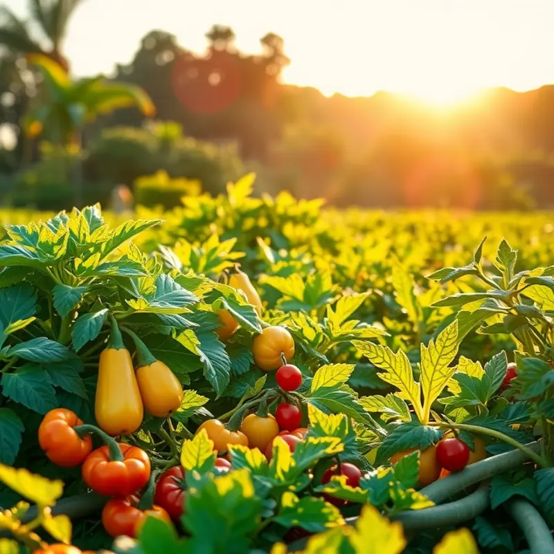 A sunlit field of vibrant fruits and vegetables, representing the essence of raw diets.