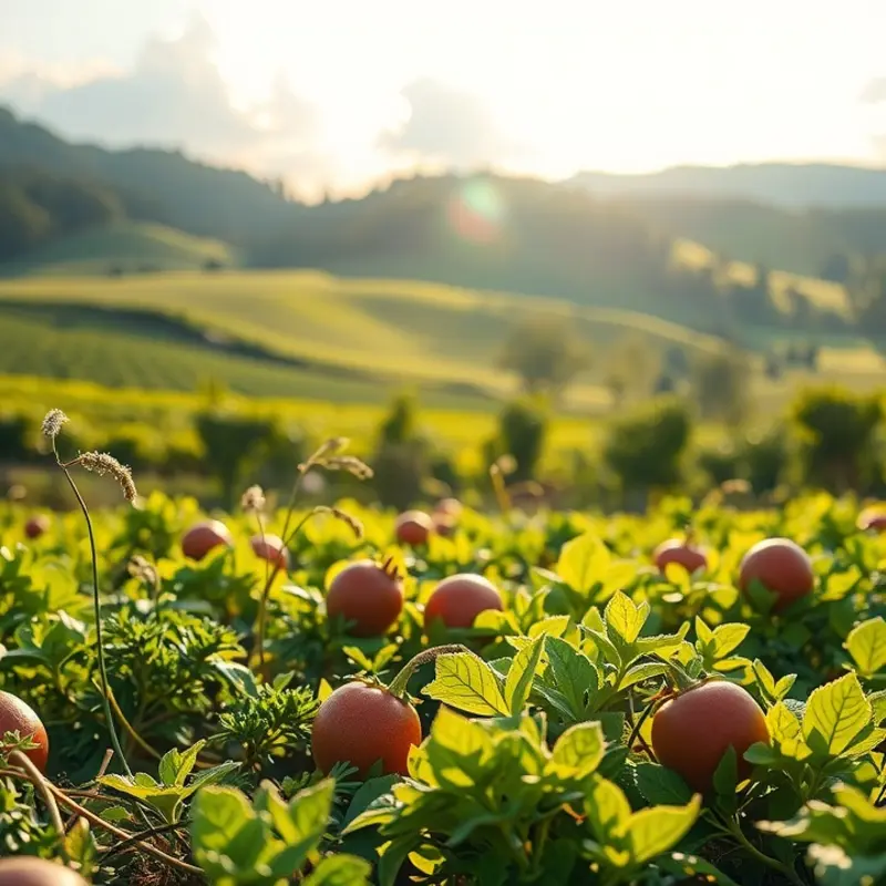 A sunlit field showcasing the abundance of fresh, organic fruits.