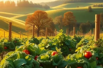 A scenic view of a healthy nutrition field filled with vegetables and fruits under sunlight.