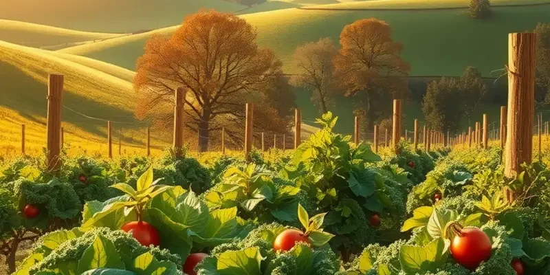 A scenic view of a healthy nutrition field filled with vegetables and fruits under sunlight.