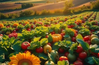 A beautiful landscape featuring a sunlit field with various organic fruits and vegetables.