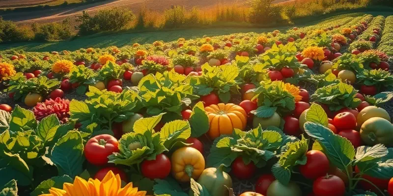 A beautiful landscape featuring a sunlit field with various organic fruits and vegetables.