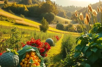 A stunning landscape showing an orchard with vibrant fruits and vegetables growing amidst verdant hills.