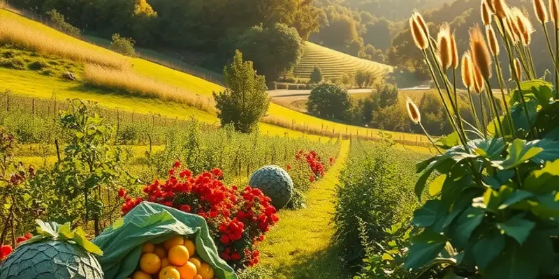 A stunning landscape showing an orchard with vibrant fruits and vegetables growing amidst verdant hills.