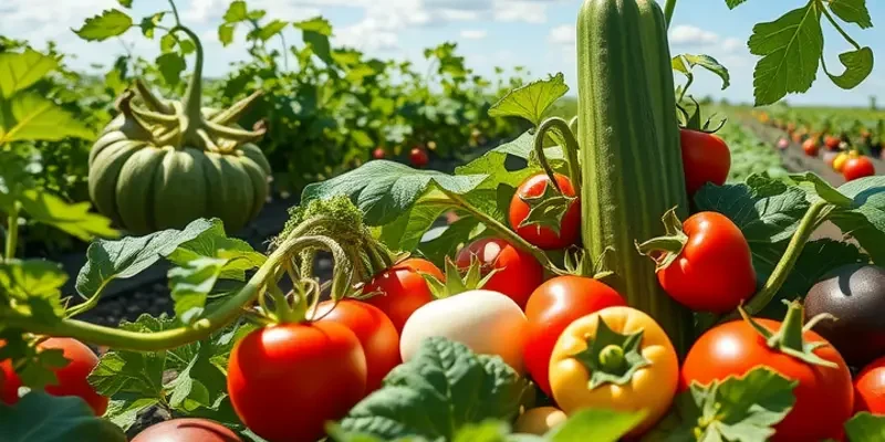 Sunlit field showcasing an array of vibrant vegetables and fruits among lush greenery.