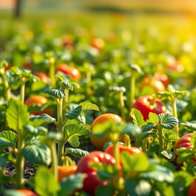A sunlit field filled with fresh vegetables and fruits reflecting seasonal abundance.
