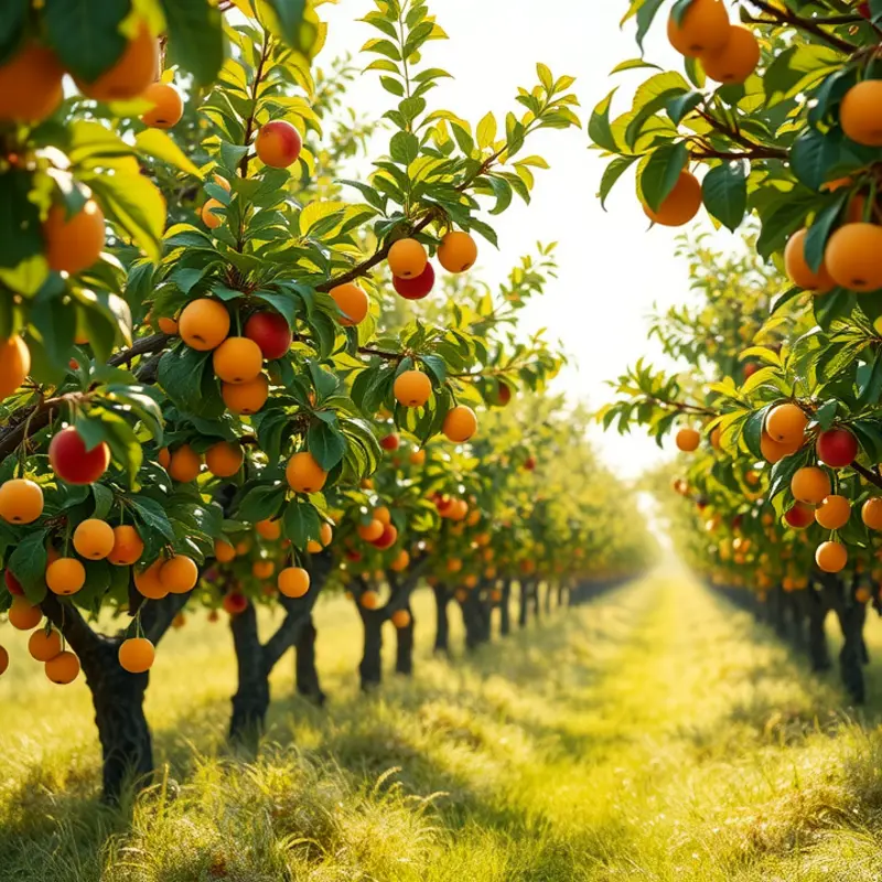 A vibrant field of organic vegetables and fruits under soft sunlight, representing the abundance of nature.
