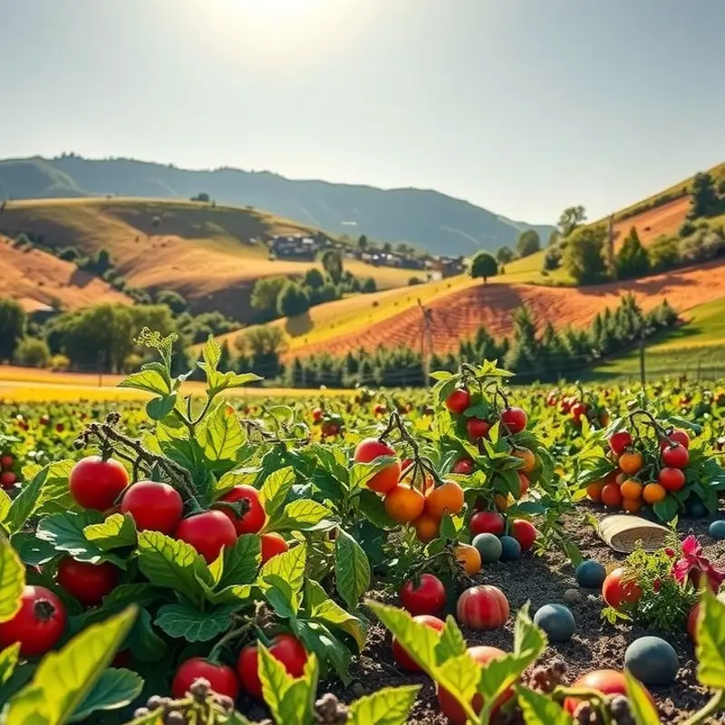 A lush landscape highlighting the abundance of healthy vegetables and fruits.