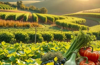 A bright and colorful field filled with various fruits and vegetables under soft sunlight.