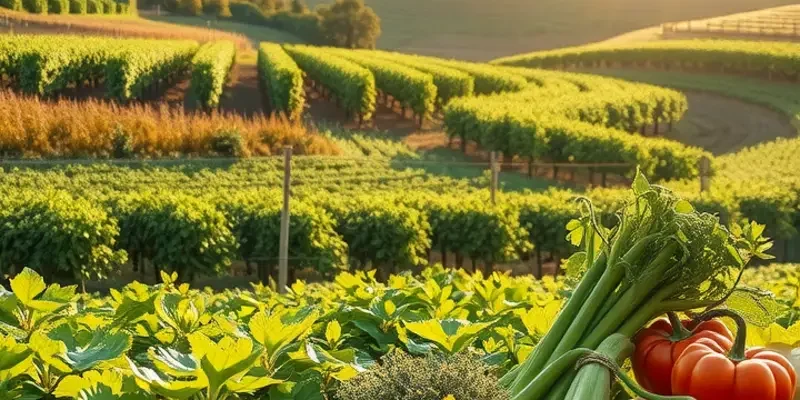 A bright and colorful field filled with various fruits and vegetables under soft sunlight.