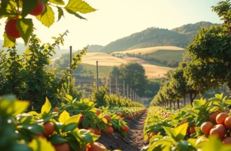 A lush landscape featuring vibrant fruits and vegetables growing under a warm sun, showcasing the richness of nature.
