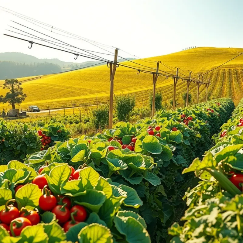 A sunlit landscape of lush greenery where vibrant organic vegetables and fruits flourish.