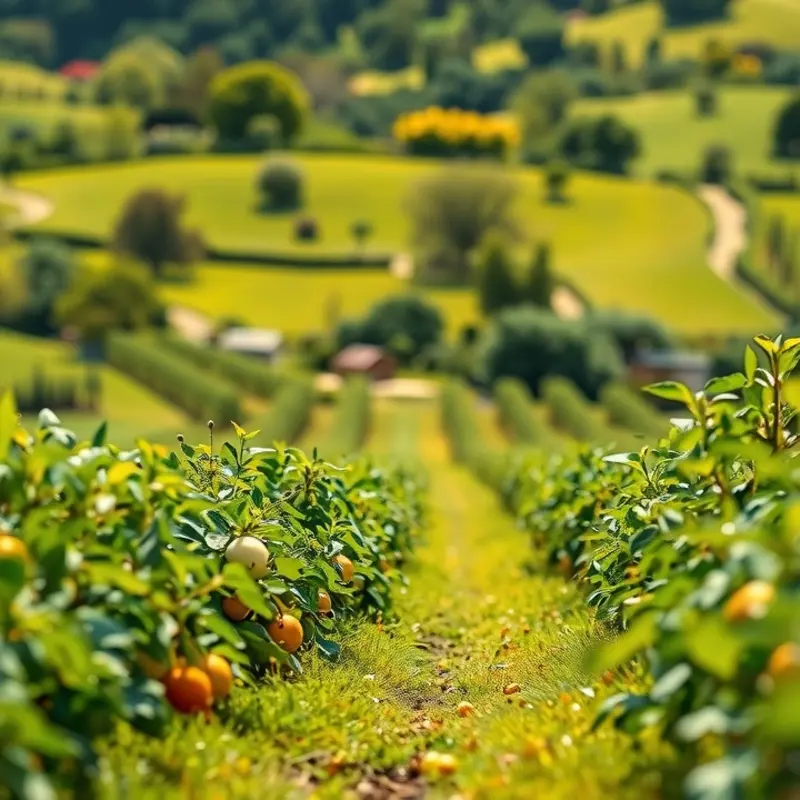 A scenic view of a sunlit orchard, showcasing the abundance of fresh and organic produce.