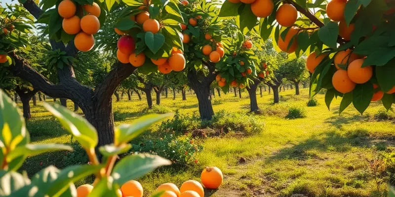 A picturesque orchard filled with vibrant fruits and vegetables, representing the abundance of nutritious foods for bone health.