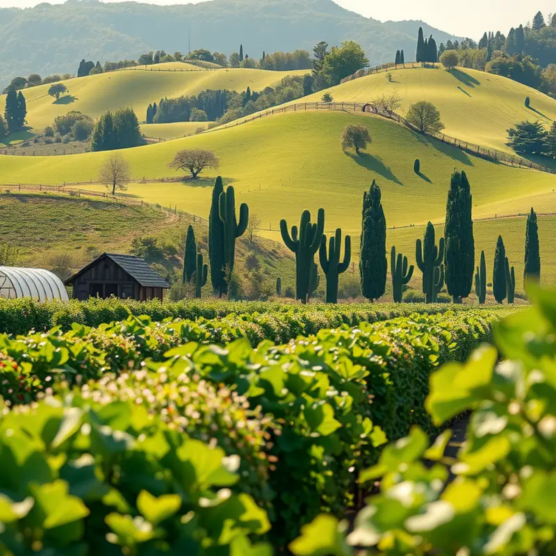 A vibrant orchard bursting with fresh, organic produce under soft sunlight.