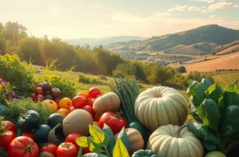 A beautiful sunlit field filled with vibrant organic vegetables and fruits in a natural setting.