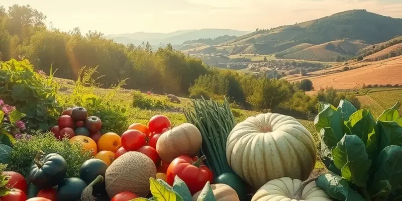 A beautiful sunlit field filled with vibrant organic vegetables and fruits in a natural setting.