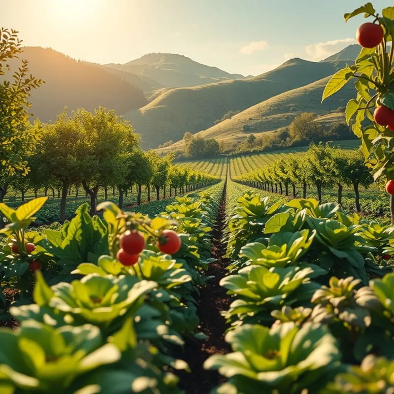 A lush sunlit field filled with vibrant fruits and vegetables, representing the abundance of healthy eating.