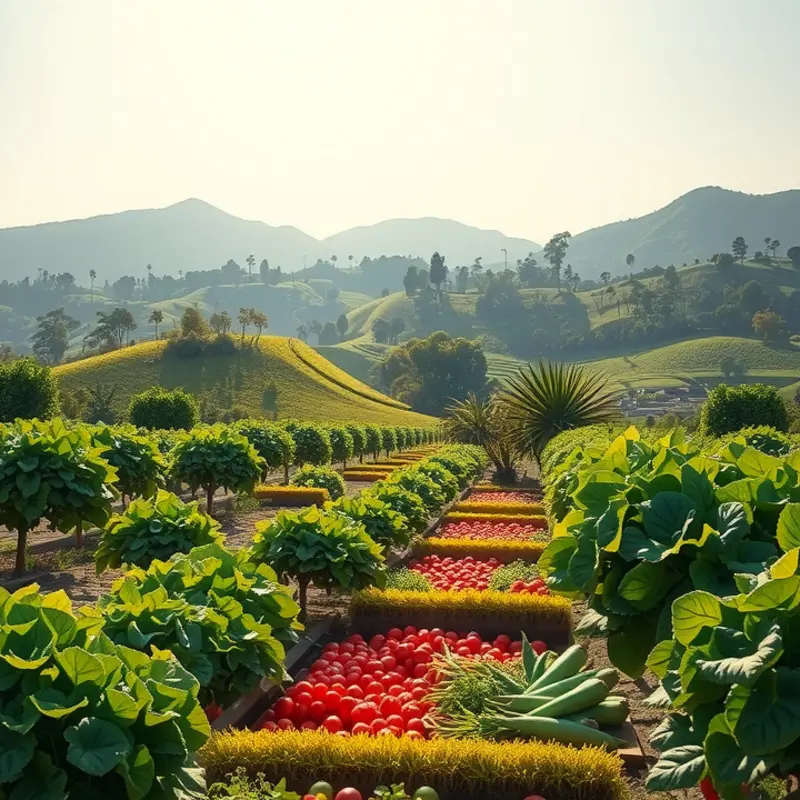 A serene landscape showcasing the beauty of organic grains and vegetables in nature.