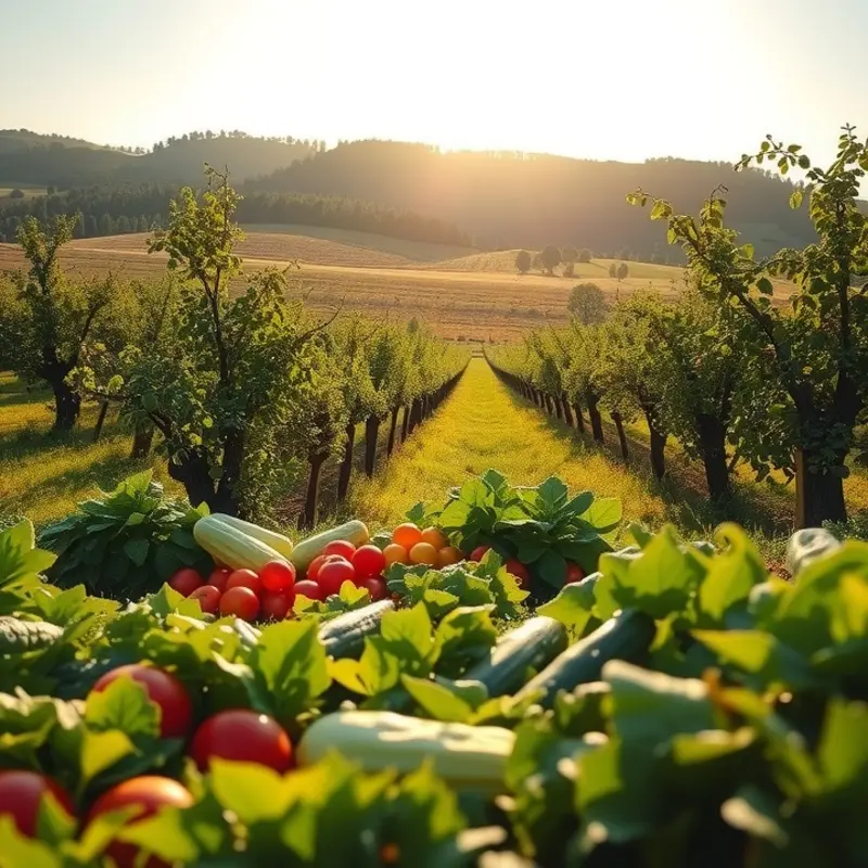 A sunlit field showcasing vibrant vegetables and fruits among lush greenery.