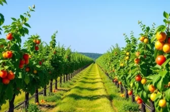 A scenic sunlit field filled with organic vegetables and fruits amidst lush greenery, promoting healthy nutrition.