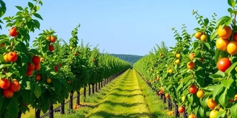 A scenic sunlit field filled with organic vegetables and fruits amidst lush greenery, promoting healthy nutrition.