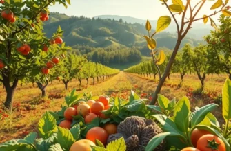 A sunlit field filled with a variety of fruits and vegetables, symbolizing the richness of Latin American food traditions.