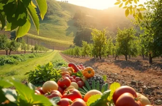 A bright landscape filled with lush greenery and diverse organic produce basking in natural sunlight.